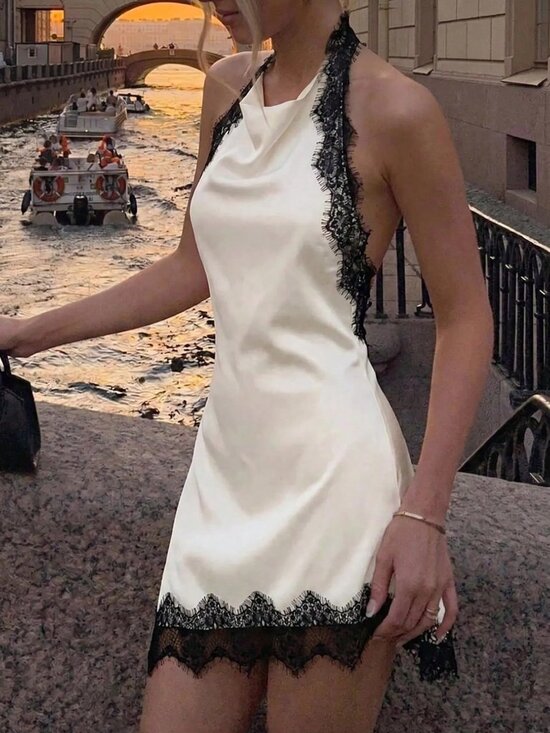MODA ME COUTURE Dresses & Skirts - Apricot Elegant Women's Colorblock Lace Patchwork Draped Neck Mini Dress